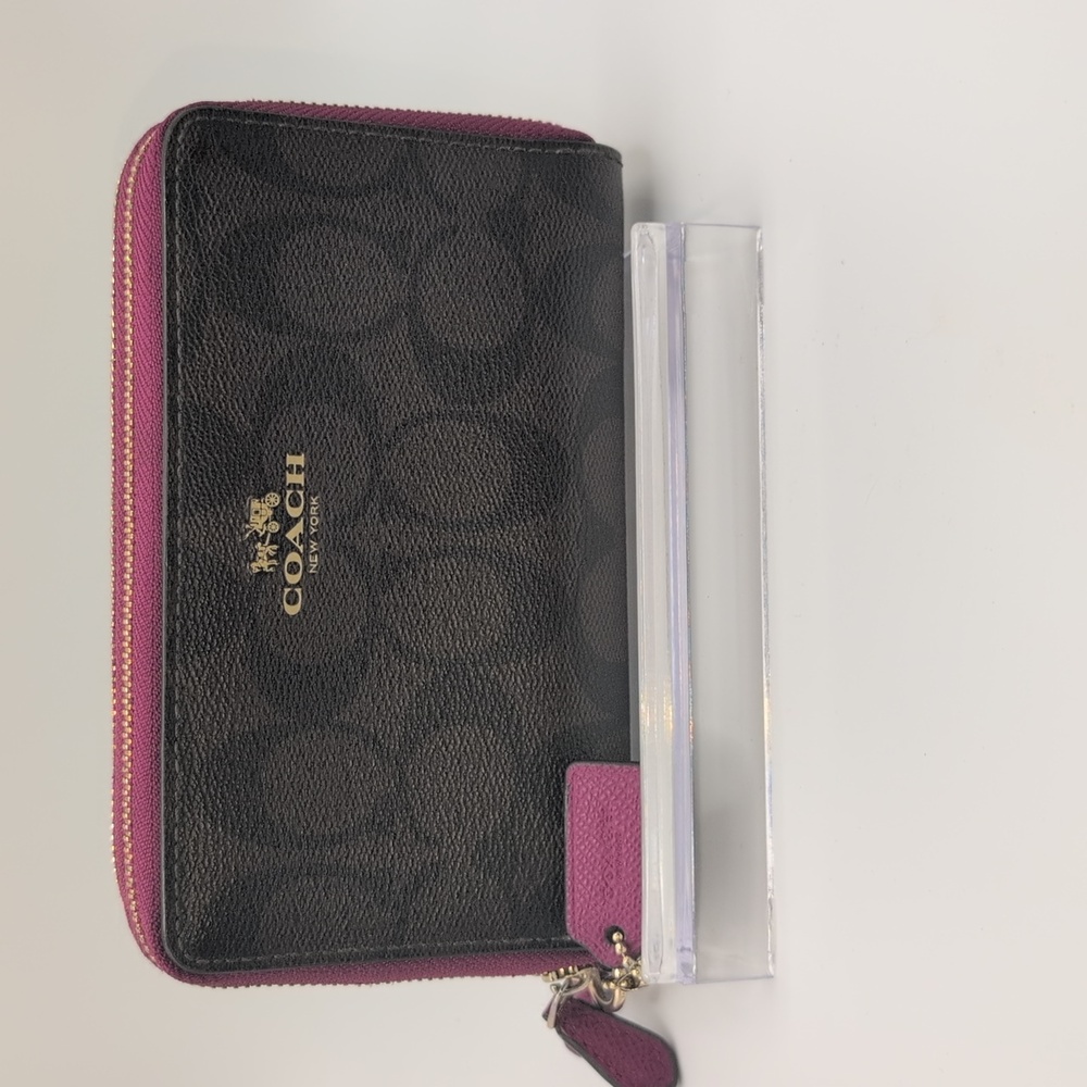Coach Signature Zip Around Wallet in Black with Purple Trim